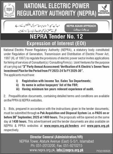 National Electric Power Regulatory Authority Islamabad Tender Notice